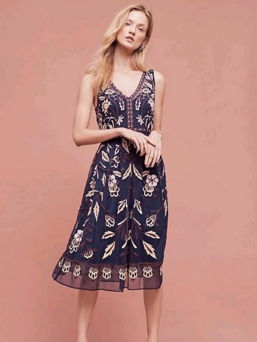 Anthropologie × Moulinette Soeurs Alicante Floral Embroidered Dress Rhinestone 6 - Picture 1 of 15